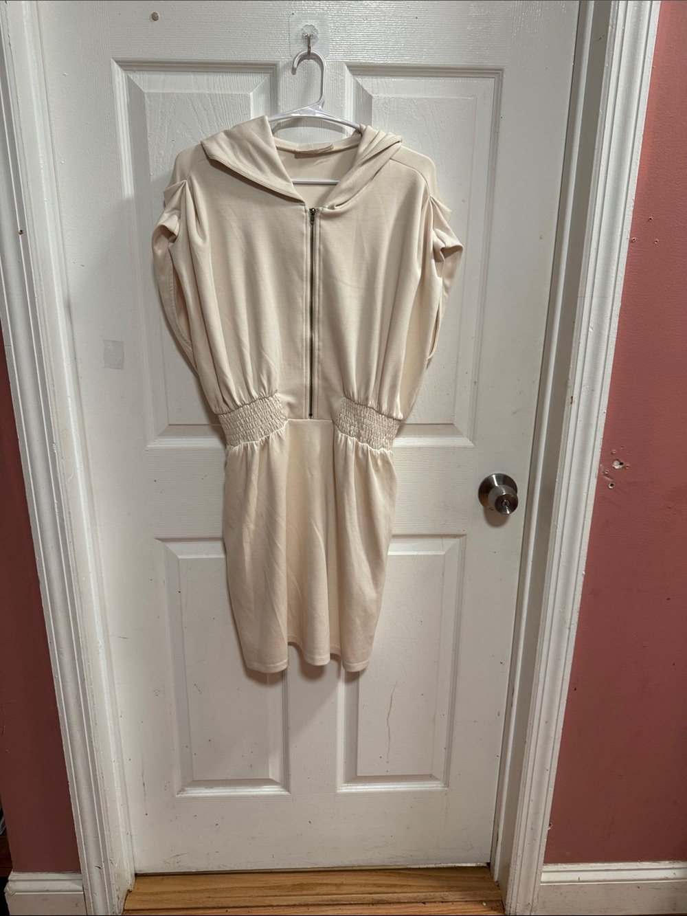 Doe & Rae Cream Hooded Zip-Front Mini Dress
